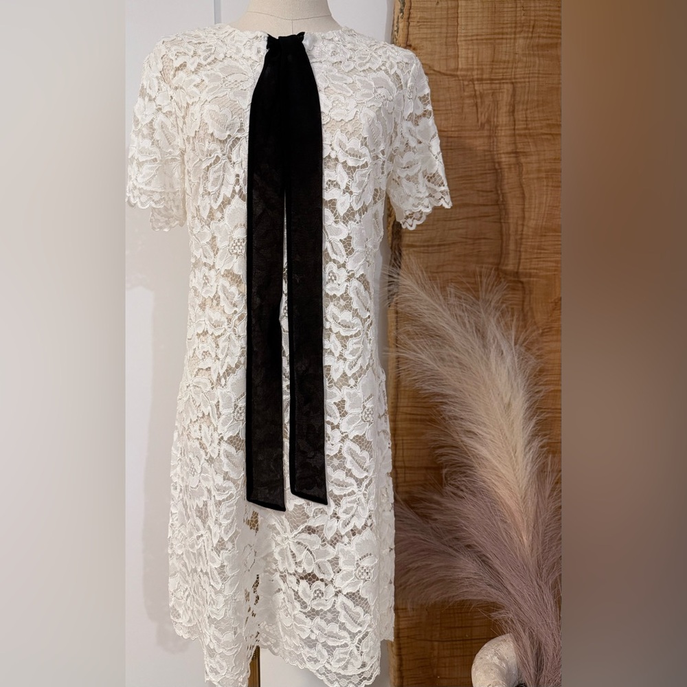 Sandro White Lace Wedding Dress with Black Bow